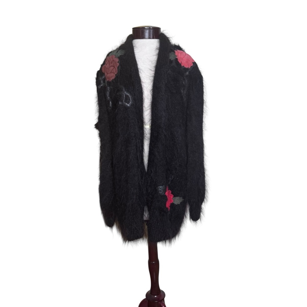 Vintage 80’s Alison Black Mohair Cardigan with Suede Floral Accents Large